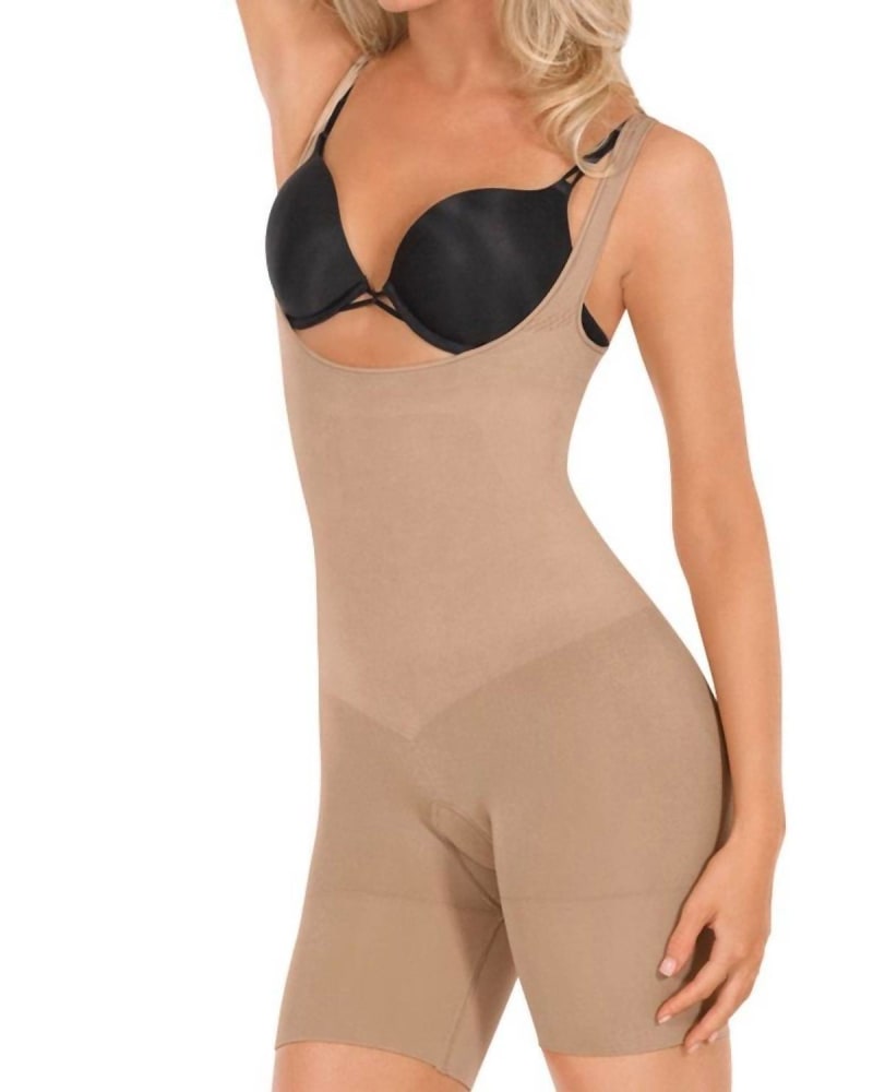Front of a model wearing a size XL Seamless Open Bust Boxer Body Shaper in Nude in Nude by EuroSkins. | dia_product_style_image_id:345284